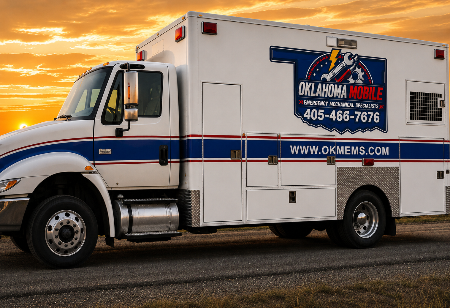 OKMEMS mobile mechanic service truck at golden hour